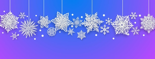 Christmas illustration with beautiful complex paper snowflakes white on purple background