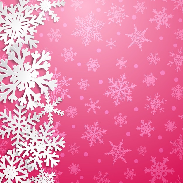 Illustrazione di natale con grandi fiocchi di neve bianchi con ombre su sfondo rosa