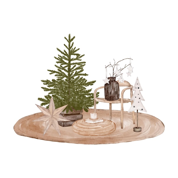 Vector christmas illustration with christmas tree and christmas accessories