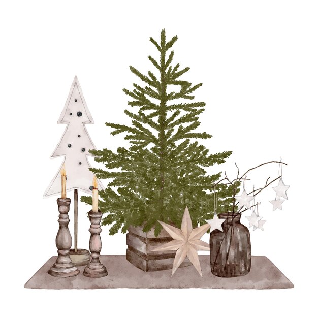 Vector christmas illustration with christmas tree and christmas accessories