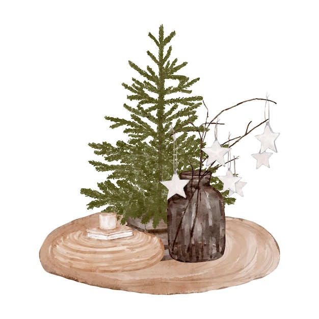 Illustrazione natalizia con albero di natale e accessori natalizi