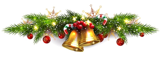 Рождественская иллюстрация с елочными гирляндами, золотыми колокольчиками и элементом дизайна персонала