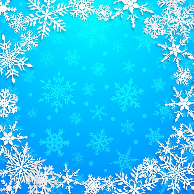 Christmas illustration with circle frame of big white snowflakes with shadows on light blue background