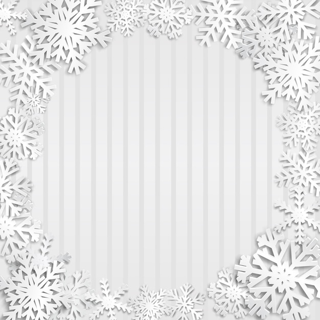 Illustrazione di natale con cornice circolare di grandi fiocchi di neve bianchi con ombre su sfondo grigio a strisce