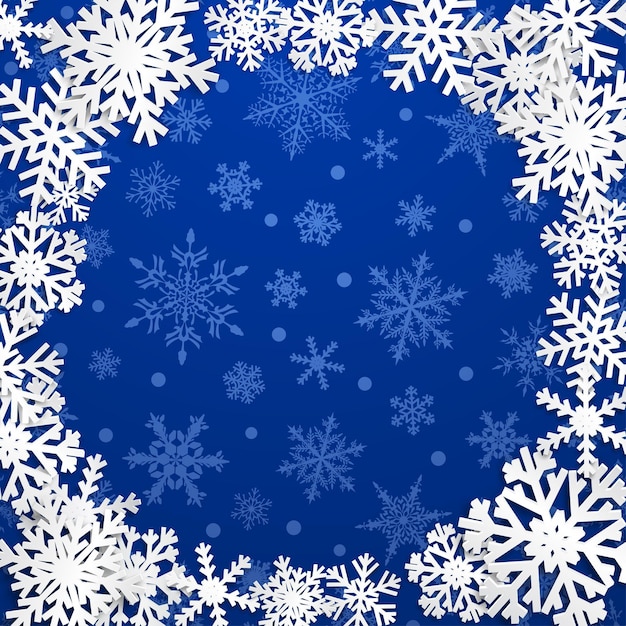 Illustrazione di natale con cornice circolare di fiocchi di neve bianchi su sfondo blu