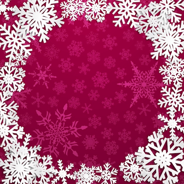 Christmas illustration with circle frame of white snowflakes on purple background