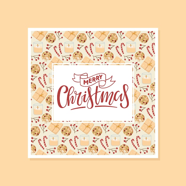 Christmas illustration with cozy Winter elements and calligraphy lettering Merry Christmas