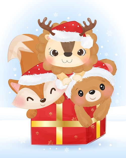 Vector christmas illustration with cute lion, fox and bear.