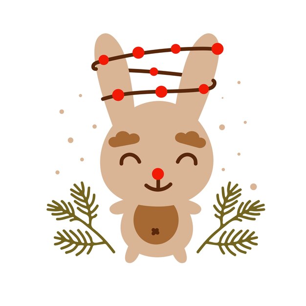 Christmas illustration with cute rabbit garland and Christmas tree branches New year 2023