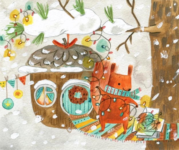 Vector christmas illustration with cute squirrell and cozy home