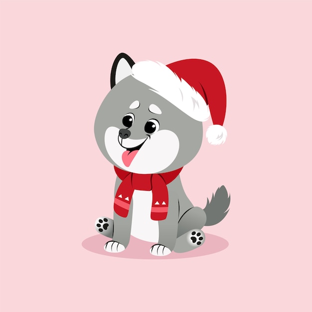 Illustrazione di natale con il cucciolo del husky in cappello delle santa e con la sciarpa. vettore.