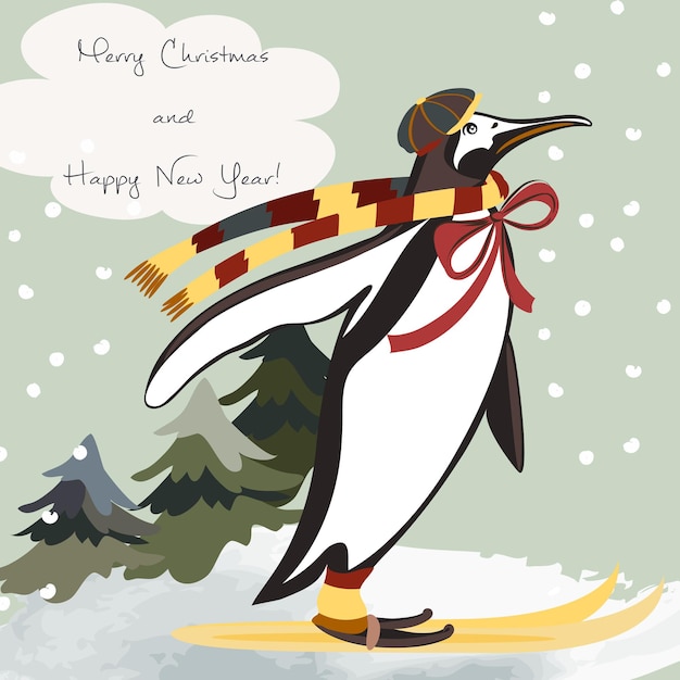 Christmas illustration with penguin ski Retro style