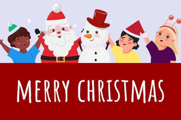 Vettore illustrazione natalizia con il pupazzo di neve di babbo natale e i bambini che salutano