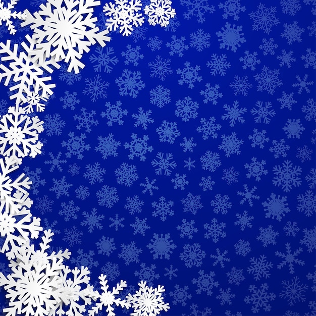 Christmas illustration with semicircle of big white snowflakes with shadows on blue background