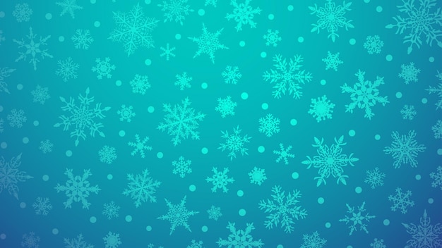 Рождественская иллюстрация с различными маленькими снежинками на градиентном фоне в голубых тонах