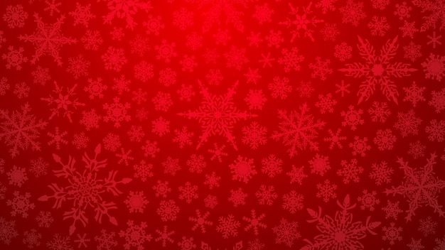 赤い色のグラデーションの背景にさまざまな小さな雪のクリスマスのイラスト