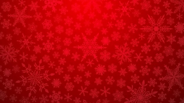 Christmas illustration with various small snowflakes on gradient background in red colors