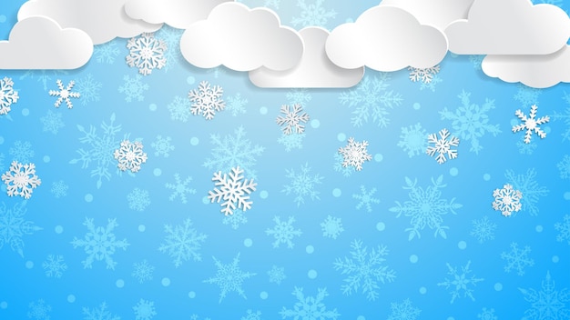 Christmas illustration with white clouds and snowflakes on light blue background