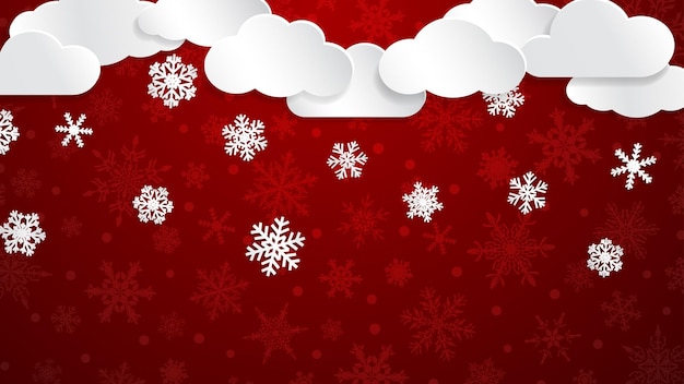 Vector christmas illustration with white clouds and snowflakes on red background