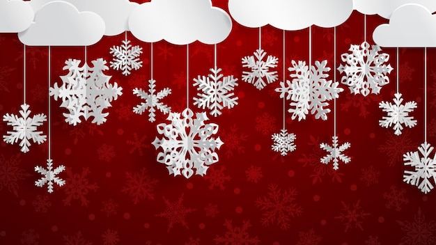 Vector christmas illustration with white clouds and three-dimensional paper snowflakes hanging on ree background