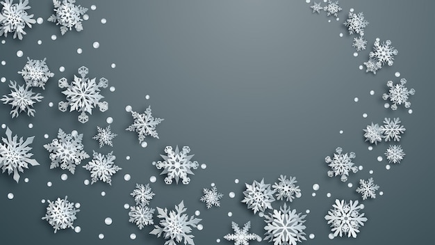 Christmas illustration with white complex paper snowflakes with soft shadows on gray background