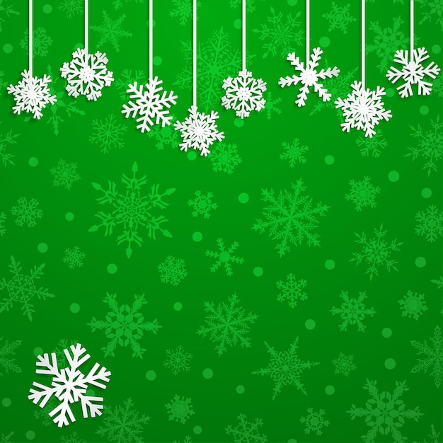 Christmas illustration with white hanging snowflakes on green background