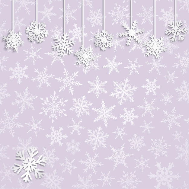 Christmas illustration with white hanging snowflakes on light purple background