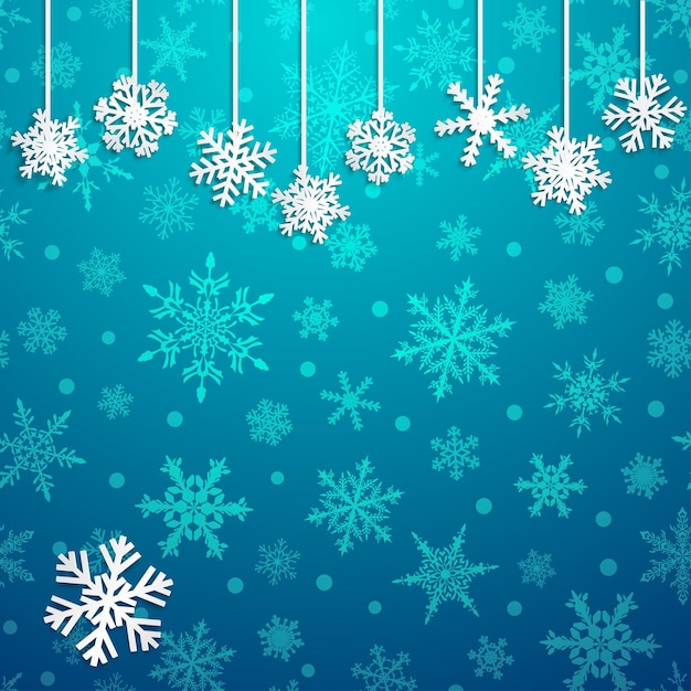 青い背景に白いぶら下がっている雪のクリスマスイラスト