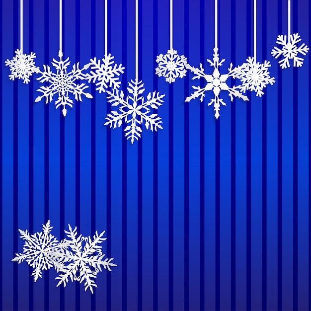줄무늬 파란색 배경에 흰색 매달려 눈송이와 크리스마스 그림