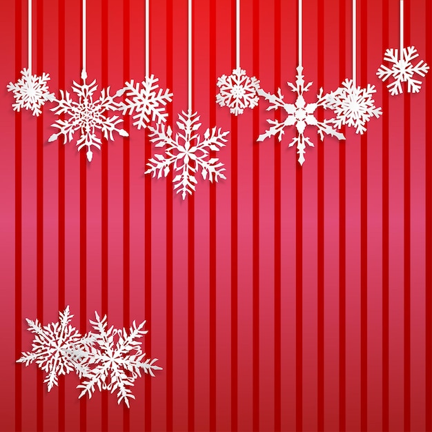 Christmas illustration with white hanging snowflakes on red striped background