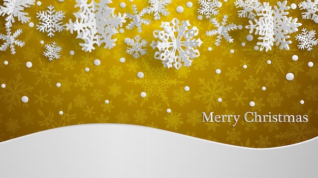 눈 더미가 있는 노란색 배경에 흰색 3차원 종이 눈송이가 있는 크리스마스 그림