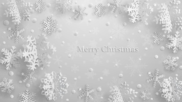 Рождественская иллюстрация с белыми трехмерными бумажными снежинками на светло-сером фоне