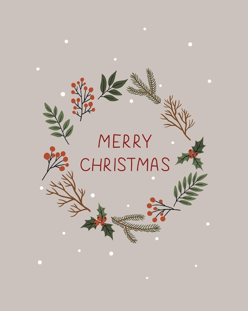 Christmas illustration with wreath and lettering for card or poster