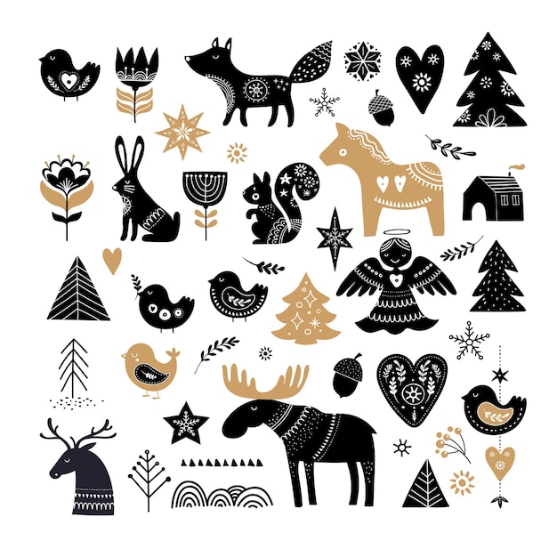 Рождественские иллюстрации, дизайн баннера рисованные элементы и значки в скандинавском стиле