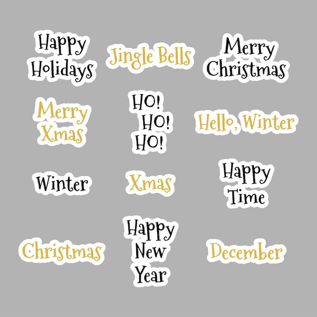 Christmas inscriptions stickers in cartoon style on red background. New year card. Celebration