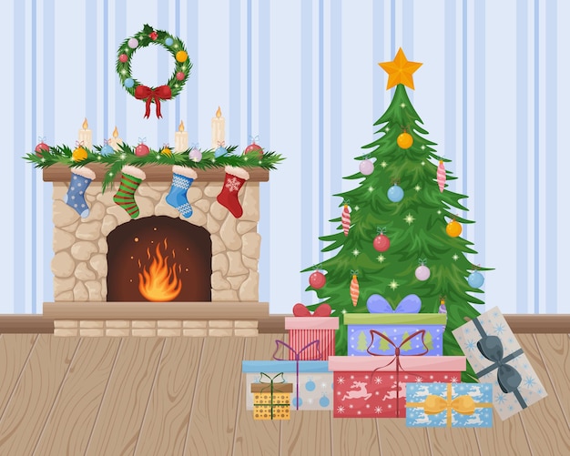 Christmas interior christmas illustration depicting a festive interior a room with a fireplace with