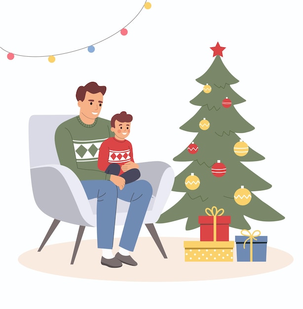 Christmas interior. father with child son sitting on chair. vector illustration