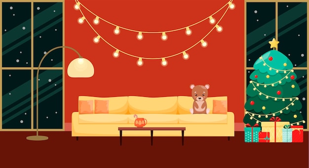 Christmas interior of the living room. Cozy home. Flat design.