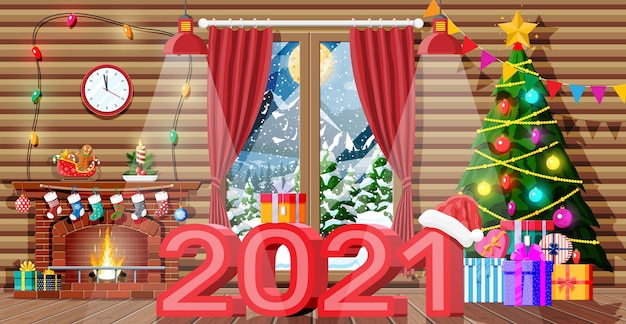 Christmas interior of room with tree and decorated fireplace