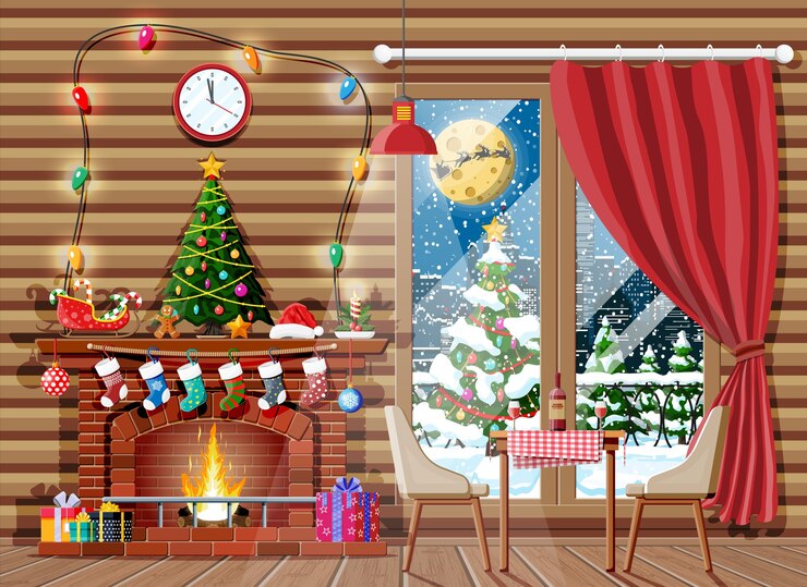 Vector christmas interior of room with tree