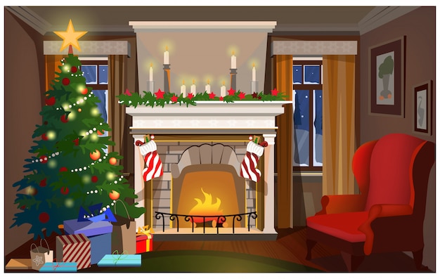 christmas interior with decorated fir-tree, fireplace and armchair