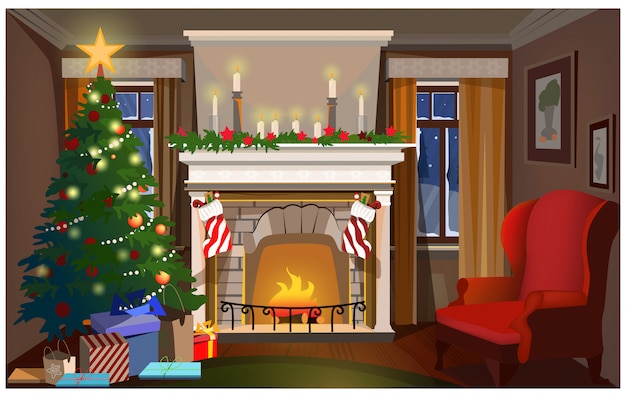 Christmas interior with decorated fir-tree, fireplace and armchair