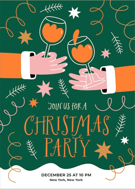 Vector christmas invitation. people clinking glasses of red wine in hands.