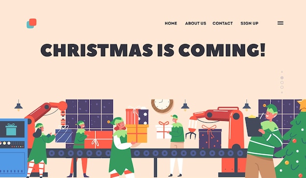 Vector christmas is coming landing page template santa claus factory workflow elf team making gift on machinery line