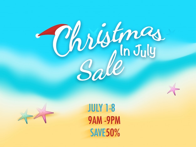 Christmas in july fest flyer with view of a beach.