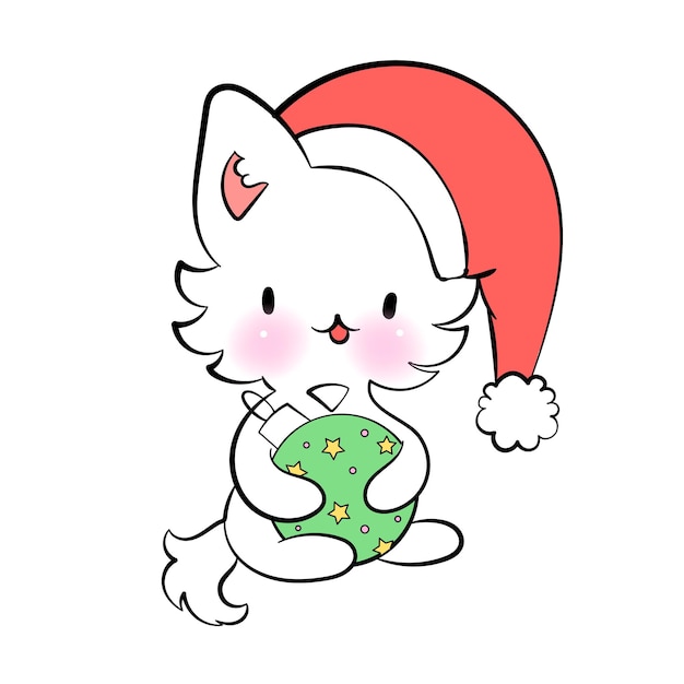Christmas kawaii cat with toy season greetings vector sticker for messenger