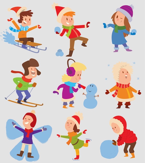 Vector christmas kids playing winter games