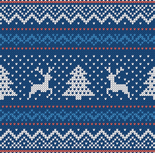 Il natale tricotta l'ornamento geometrico con gli alci e gli alberi di natale in una fila. sfondo con texture a maglia. modello senza cuciture a maglia