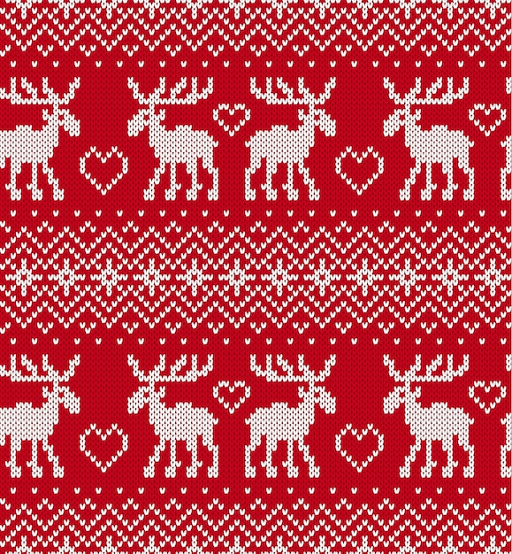 Christmas knit geometric ornament with moose and heart shapes Knitted textured background Knitted pattern for a sweater
