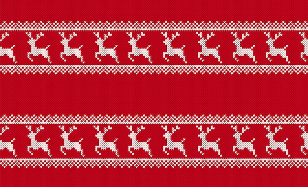 Christmas knit seamless pattern Xmas geometric texture Knitted sweater background Red print with reindeers